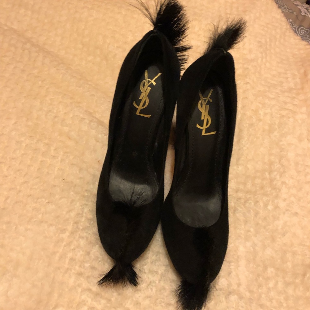 Black YSL feathered heels